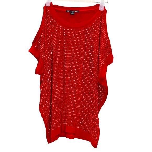 INC International Concepts Studded Dolman Cold Shoulder Top Red Silver Size XS - Picture 2 of 4
